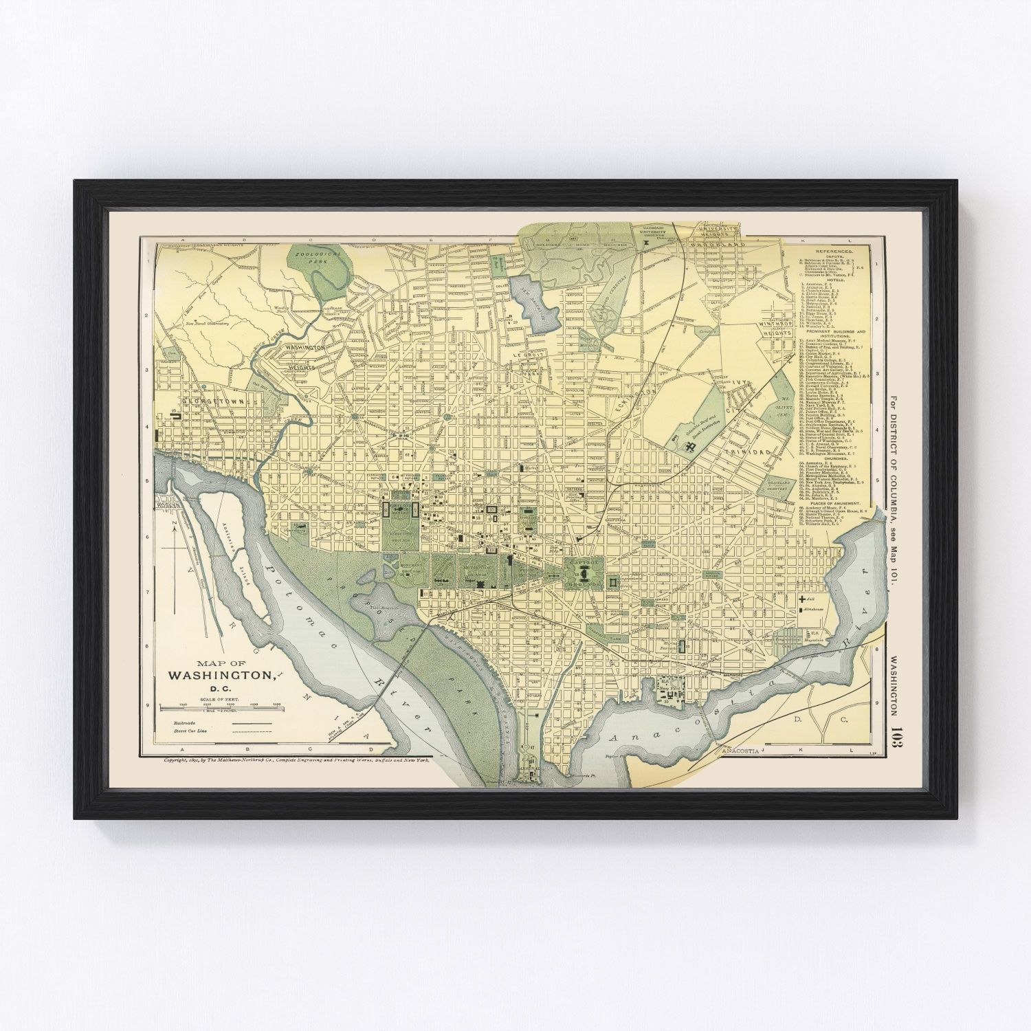 Vintage map of Washington, DC, 1891, Gilded Age capital streets and rivers