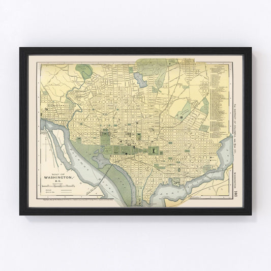 Vintage map of Washington, DC, 1891, Gilded Age capital streets and rivers