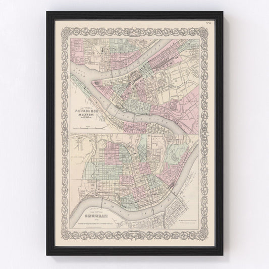 vintage map of Pittsburgh, Pennsylvania, 1886