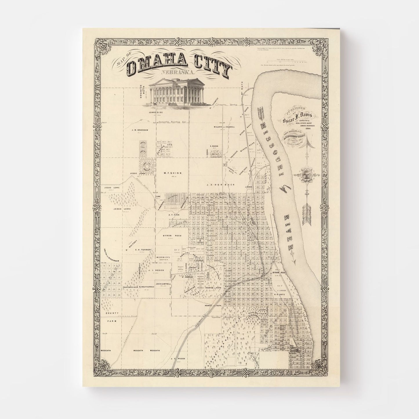 Vintage Map of Omaha, Nebraska, 1866