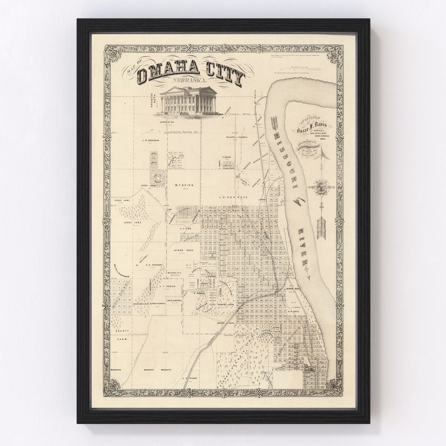 vintage map of Omaha, Nebraska, 1866