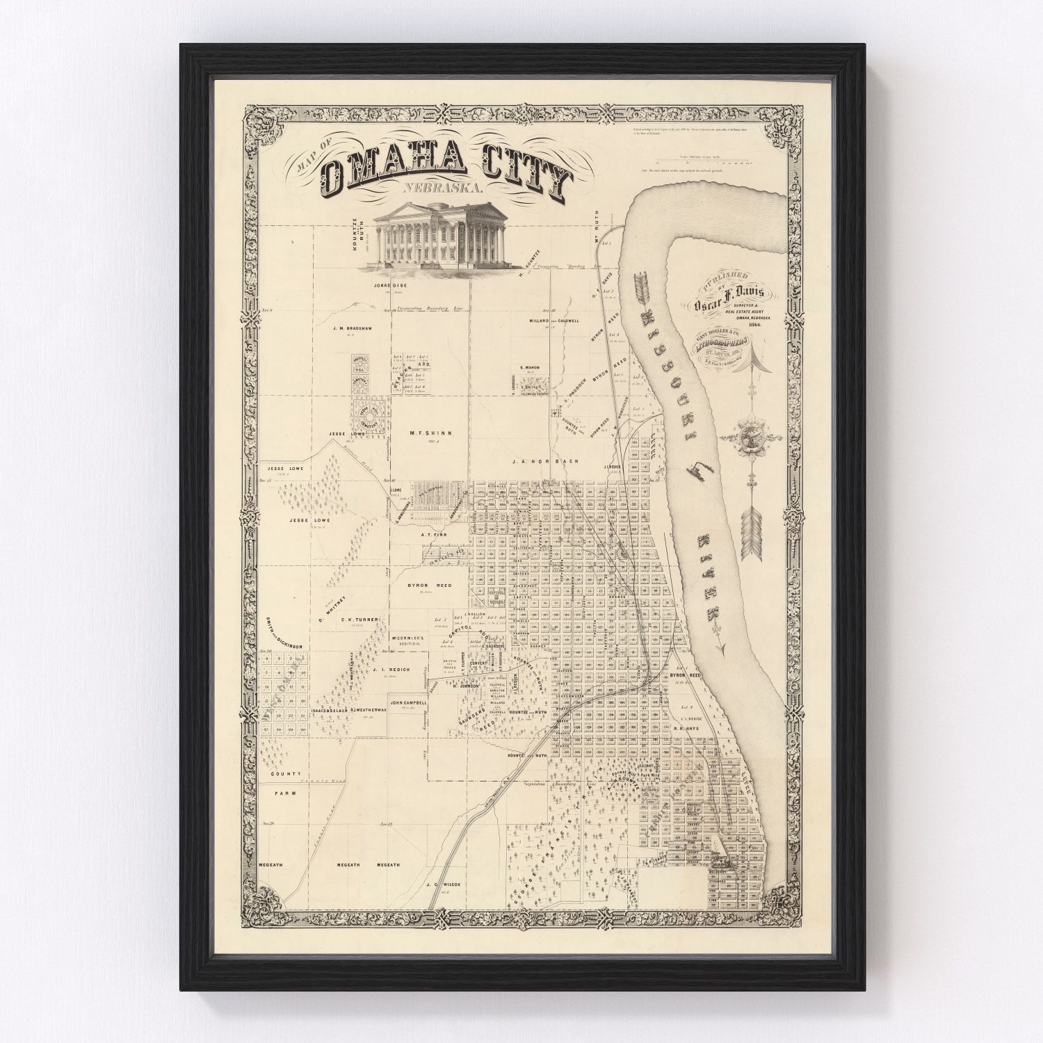 vintage map of Omaha, Nebraska, 1866