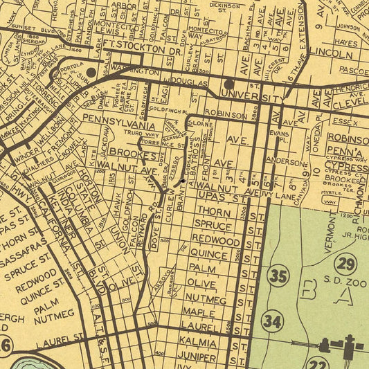Vintage Map of San Diego, California, 1935 II