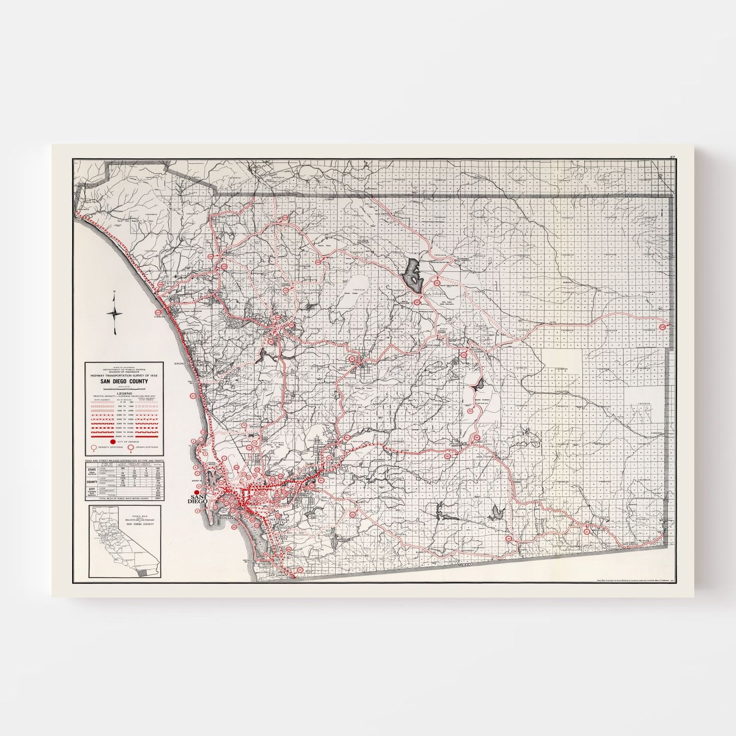 Vintage Map of San Diego County, California, 1935 IV