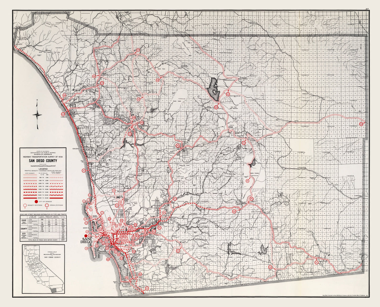 Vintage Map of San Diego County, California, 1935 IV