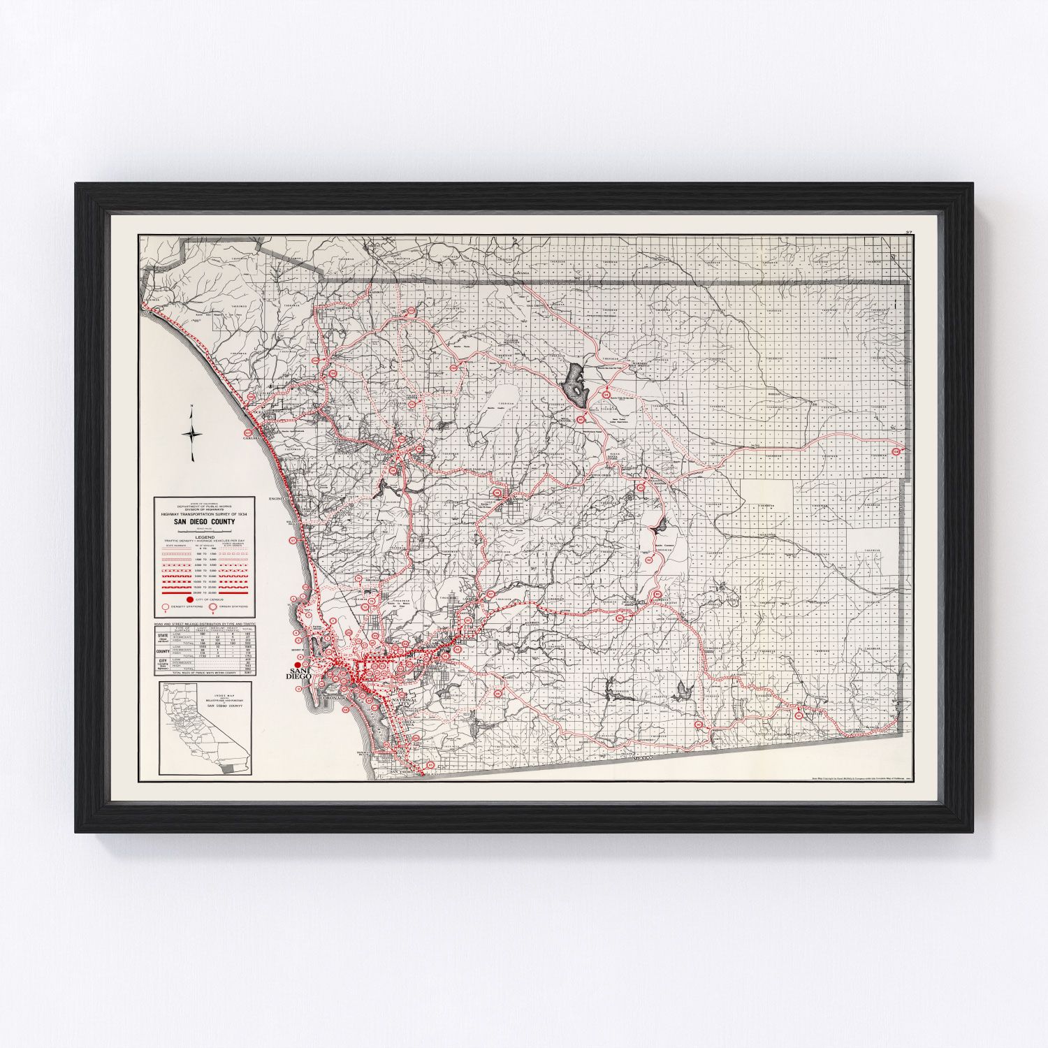 vintage map of San Diego County, California, 1935