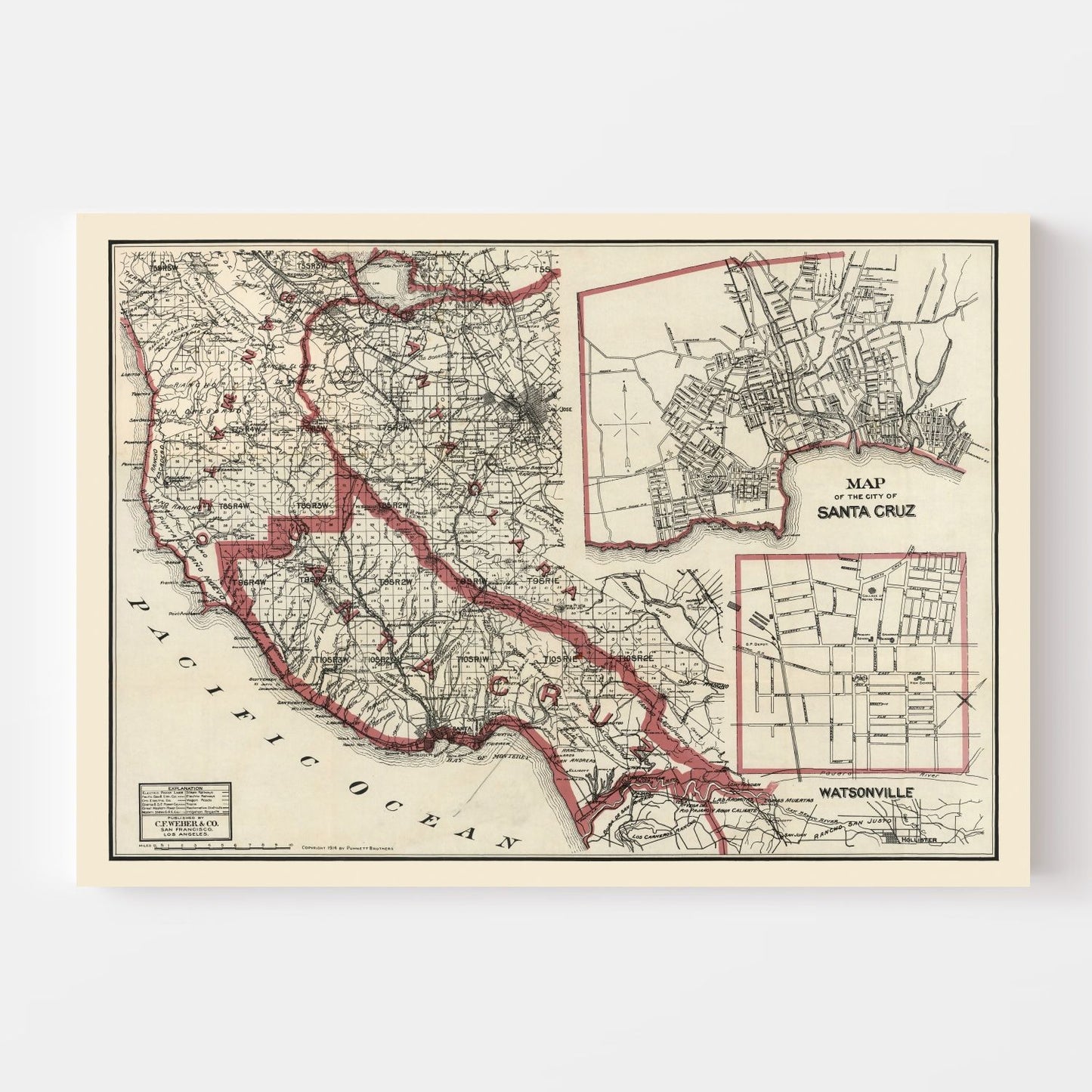 Vintage Map of Santa Cruz County, California, 1914