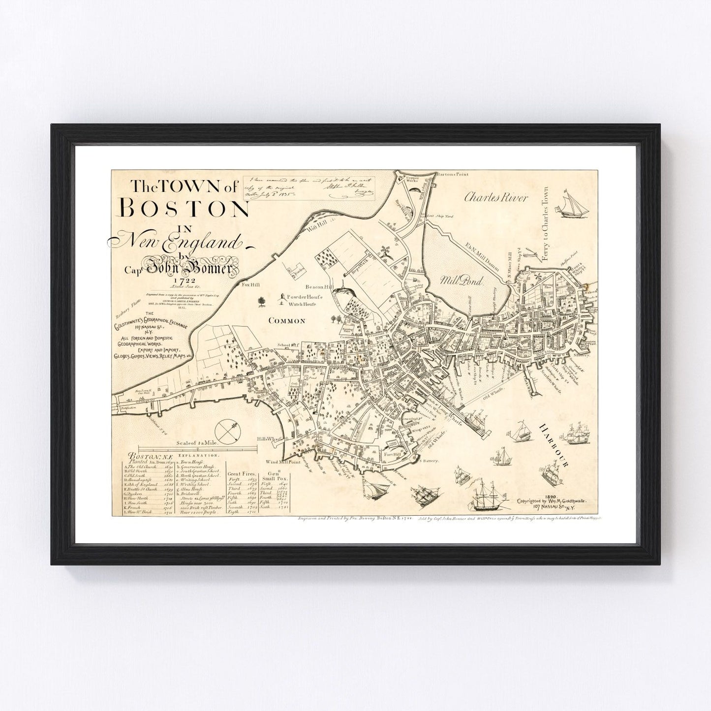vintage map of Boston Massachusetts 1835, restored print wall art