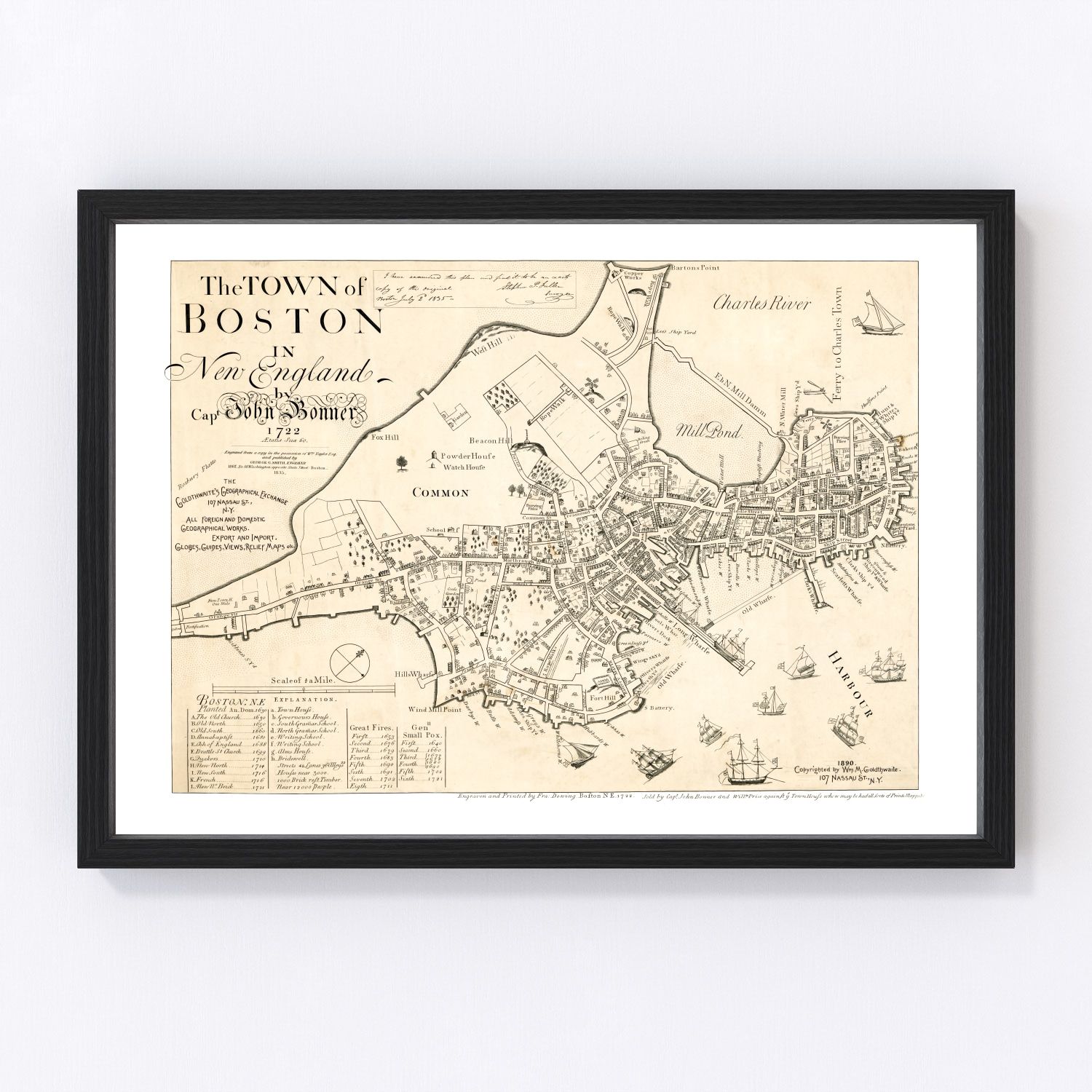 vintage map of Boston Massachusetts 1835, restored print wall art