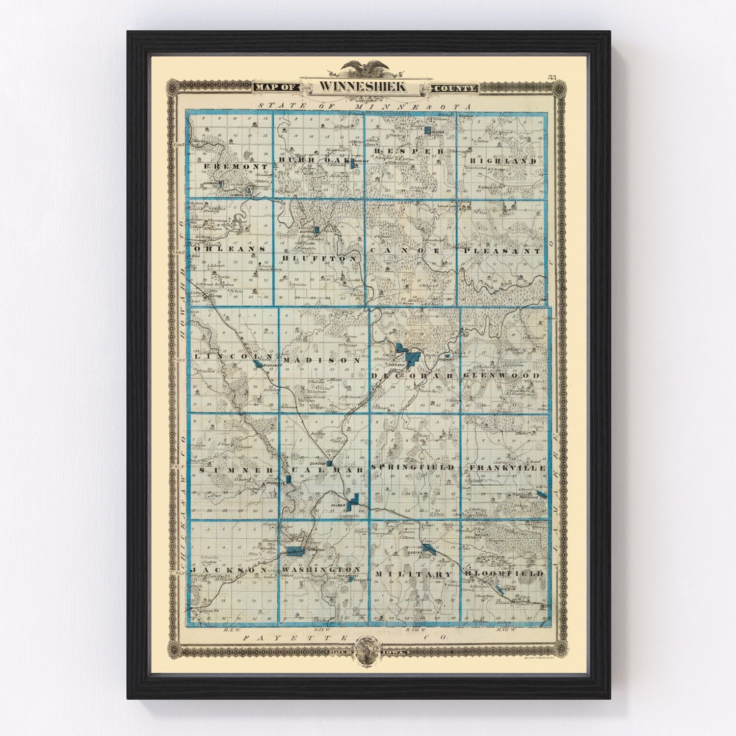 Vintage map of Winneshiek County, Iowa, 1875, with Decorah, digitally restored print
