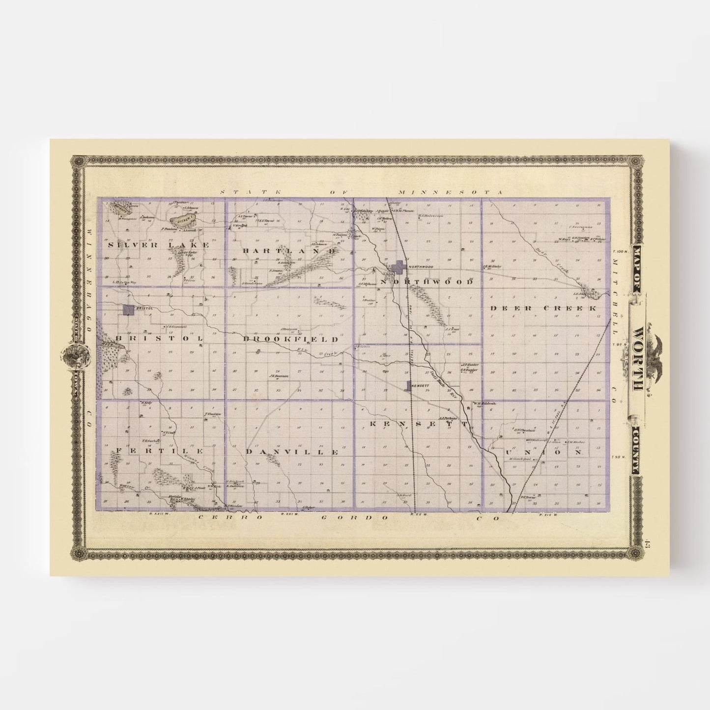 Vintage Map of Worth County, Iowa, 1875