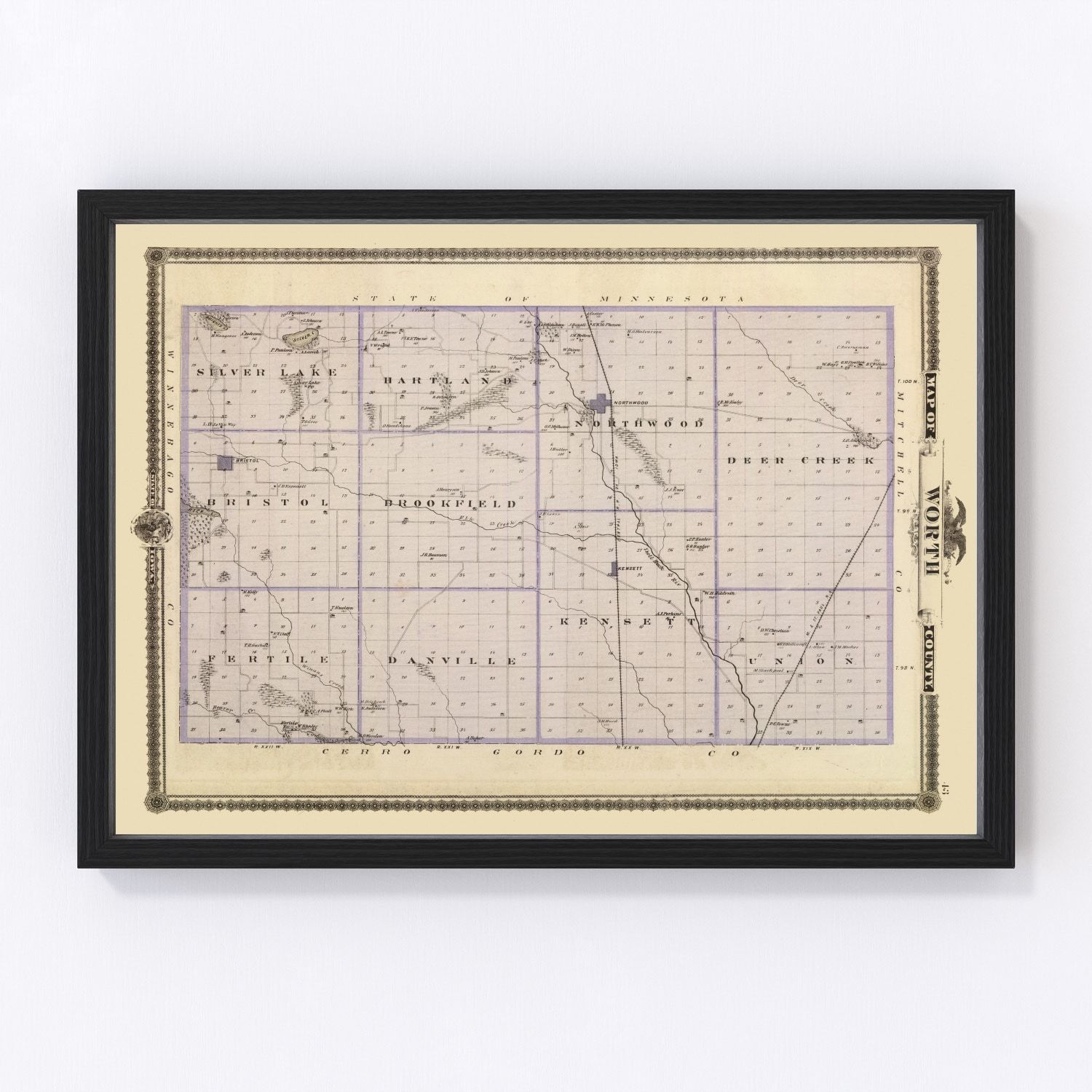 Vintage map of Worth County, Iowa, 1875, digitally restored