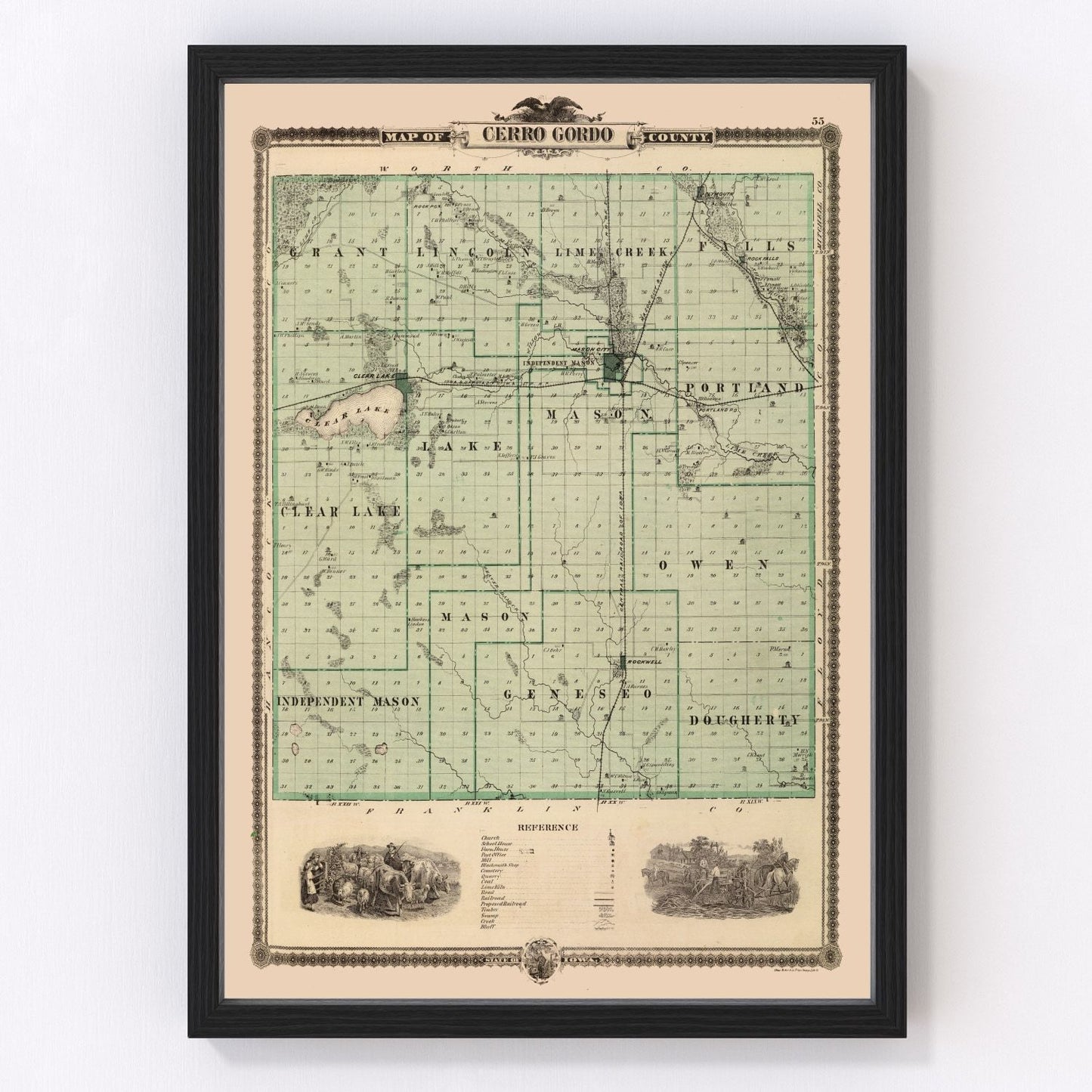 Vintage map of Cerro Gordo County, Iowa, 1875, restored vintage wall art print
