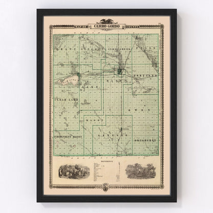 Vintage map of Cerro Gordo County, Iowa, 1875, restored vintage wall art print