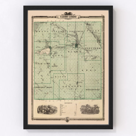 Vintage map of Cerro Gordo County, Iowa, 1875, restored vintage wall art print