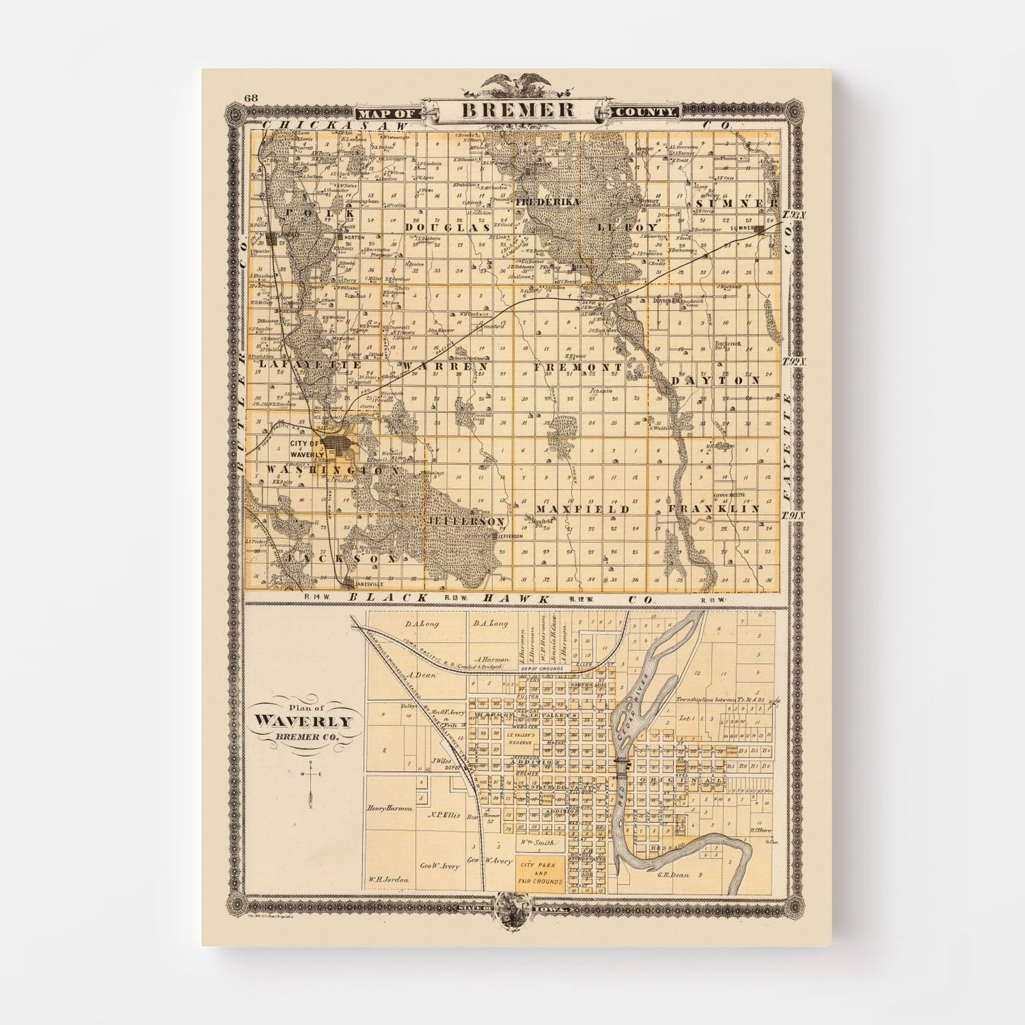 Vintage Map of Bremer County, Iowa, 1875