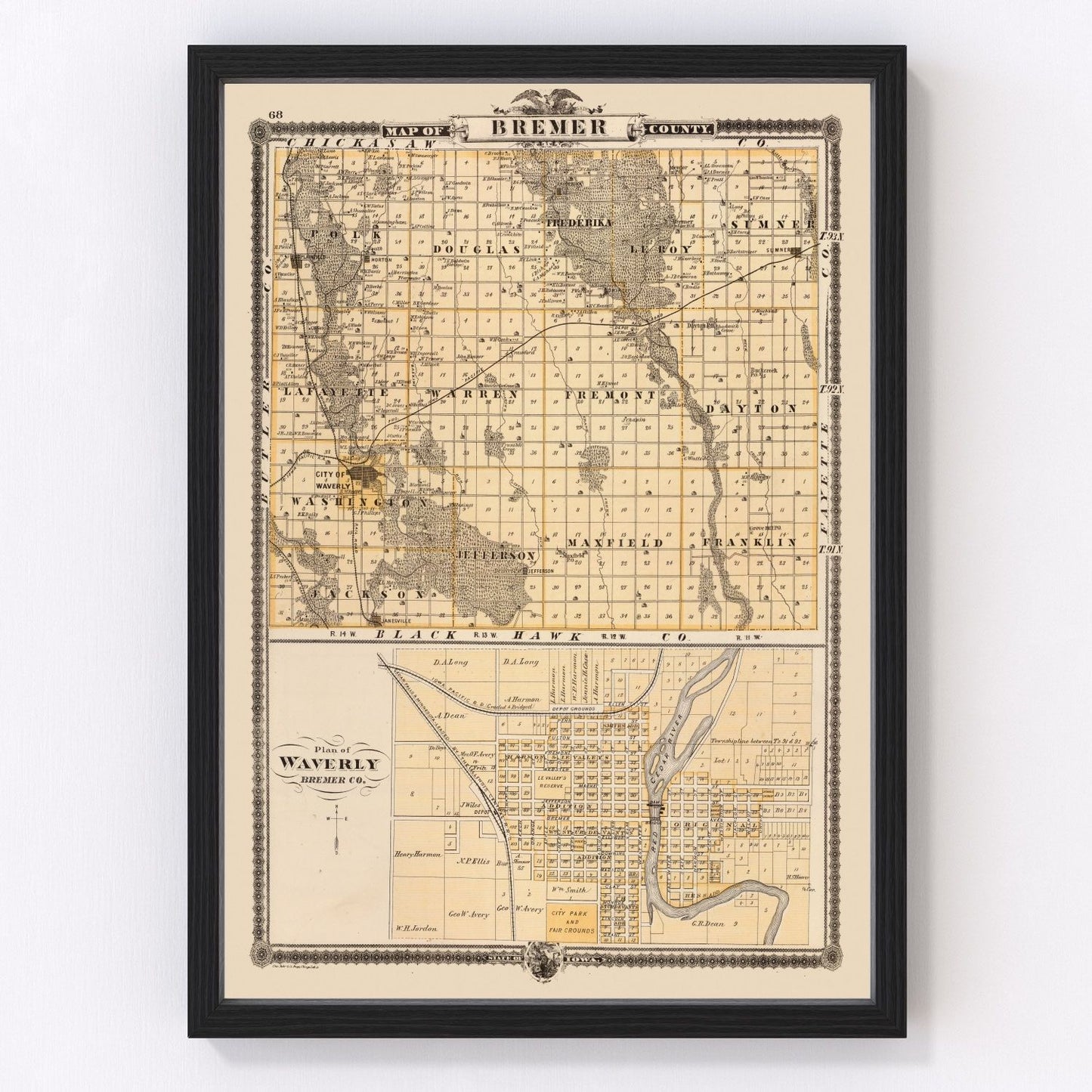 Vintage map of Bremer County, Iowa, 1875, Waverly area restored print