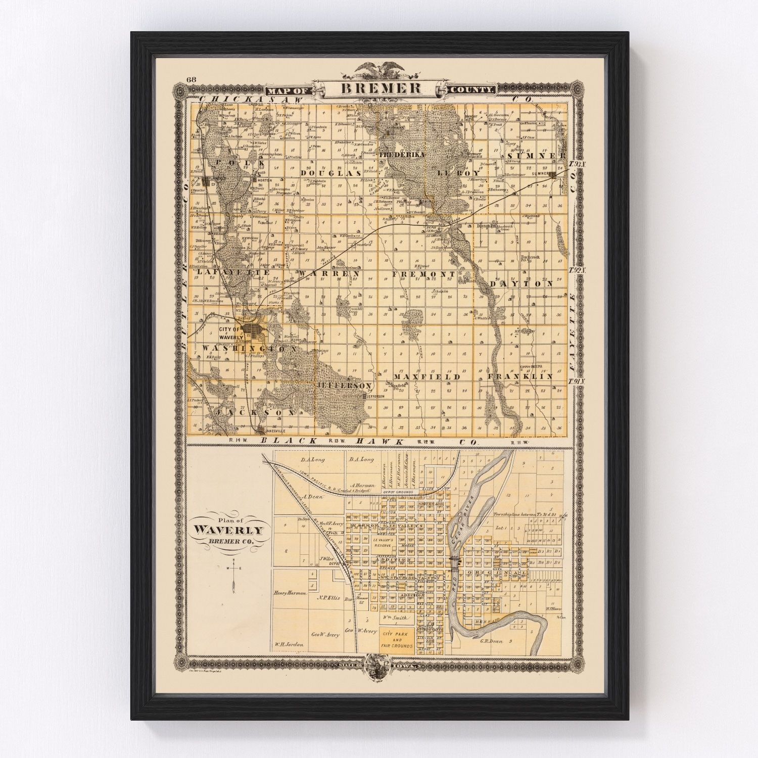 Vintage map of Bremer County, Iowa, 1875, Waverly area restored print