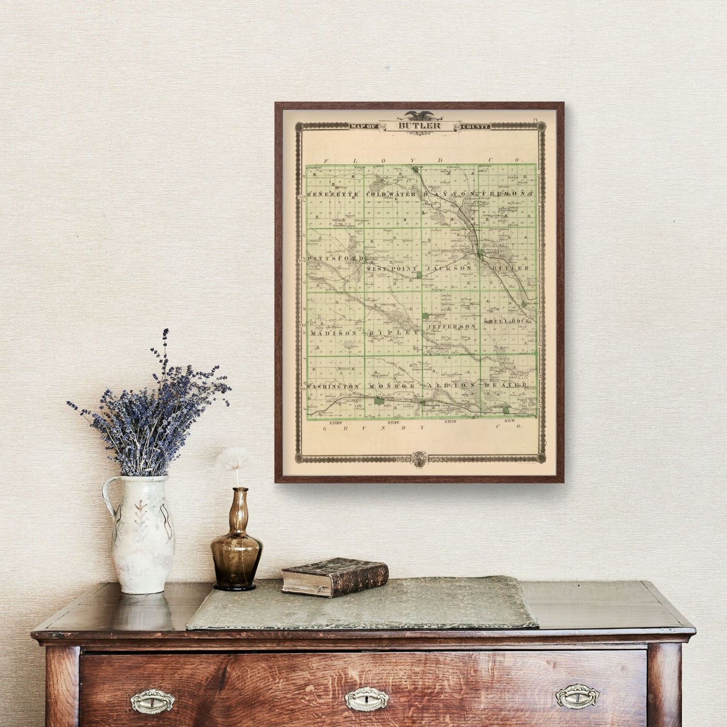 Vintage Map of Butler County, Iowa, 1875 Wall Art