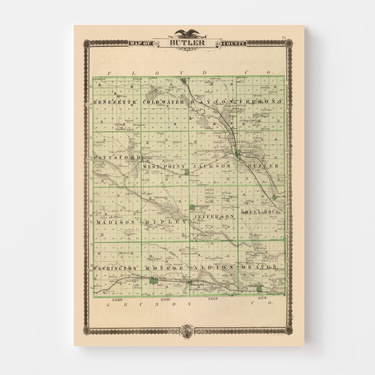 Vintage Map of Butler County, Iowa, 1875 Wall Art