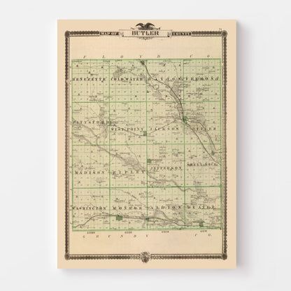 Vintage Map of Butler County, Iowa, 1875 Wall Art