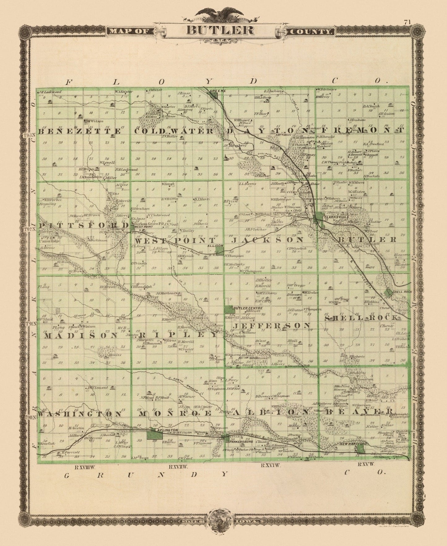Vintage Map of Butler County, Iowa, 1875 Wall Art