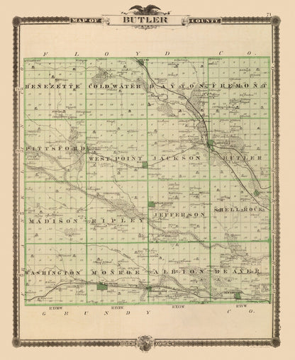 Vintage Map of Butler County, Iowa, 1875 Wall Art