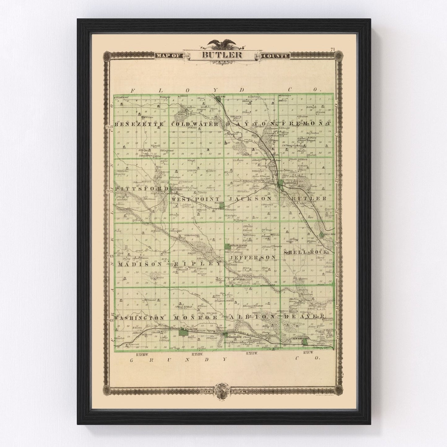 Vintage map of Butler County, Iowa, 1875, digitally restored