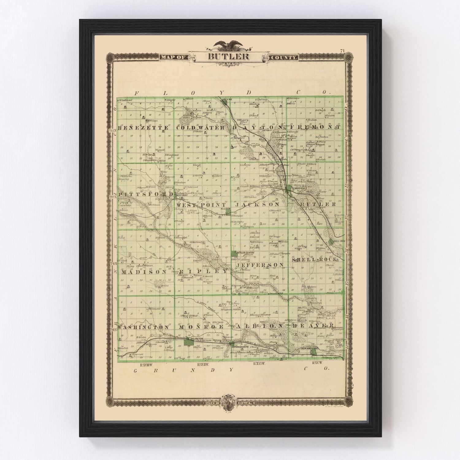 Vintage map of Butler County, Iowa, 1875, digitally restored