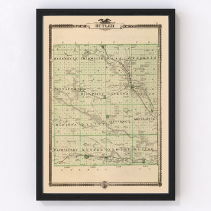 Vintage map of Butler County, Iowa, 1875, digitally restored