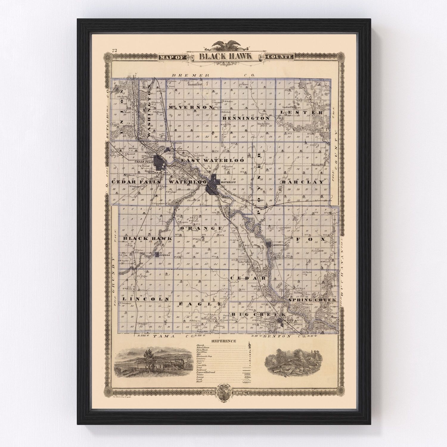 Vintage map of Black Hawk County, Iowa, 1875, Waterloo and Cedar Falls