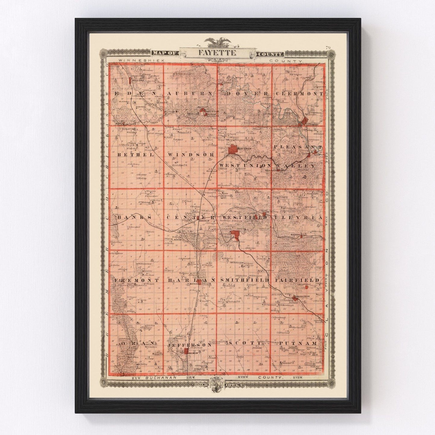 vintage map of Fayette County, Iowa, 1875