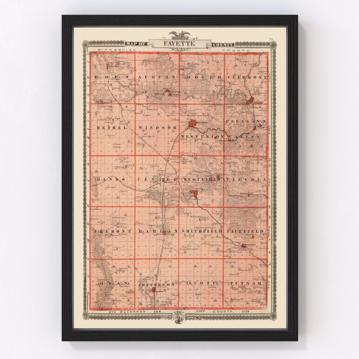 vintage map of Fayette County, Iowa, 1875