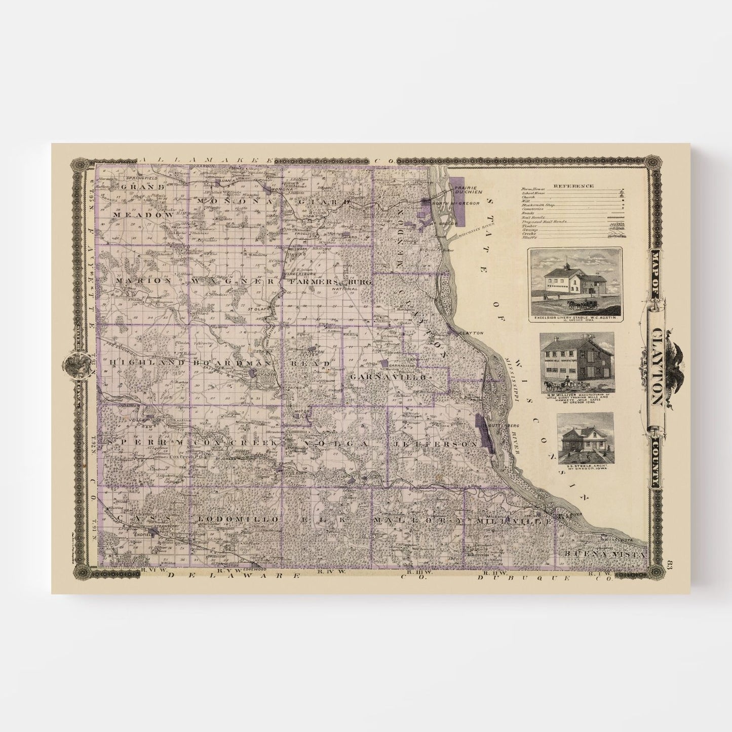 Vintage Map of Clayton County, Iowa, 1875