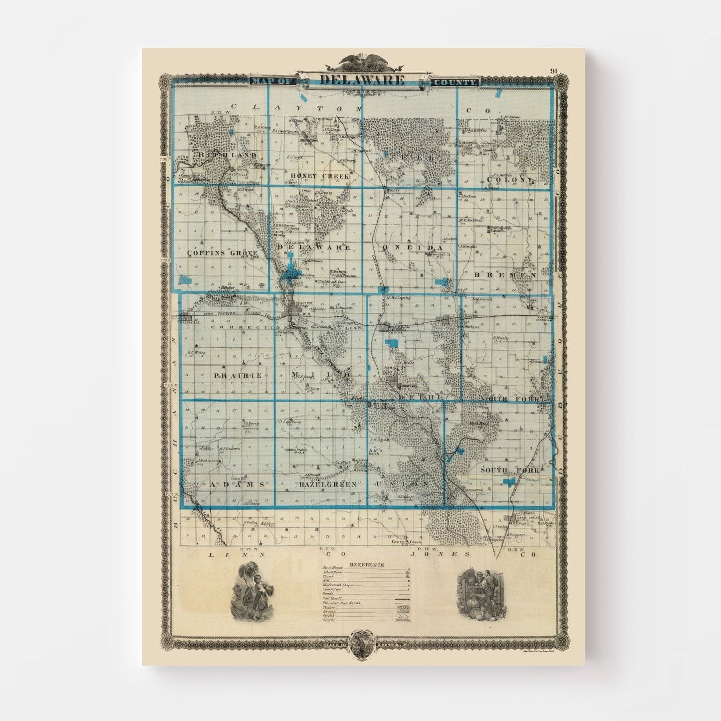 Vintage Map of Delaware County, Iowa, 1875