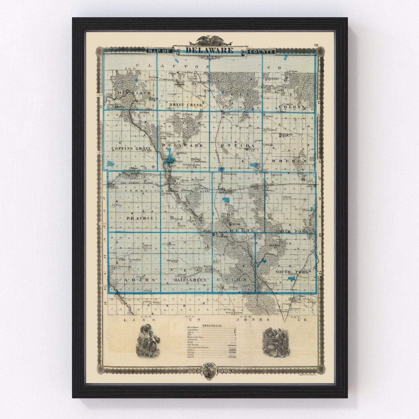 Vintage map of Delaware County, Iowa, 1875