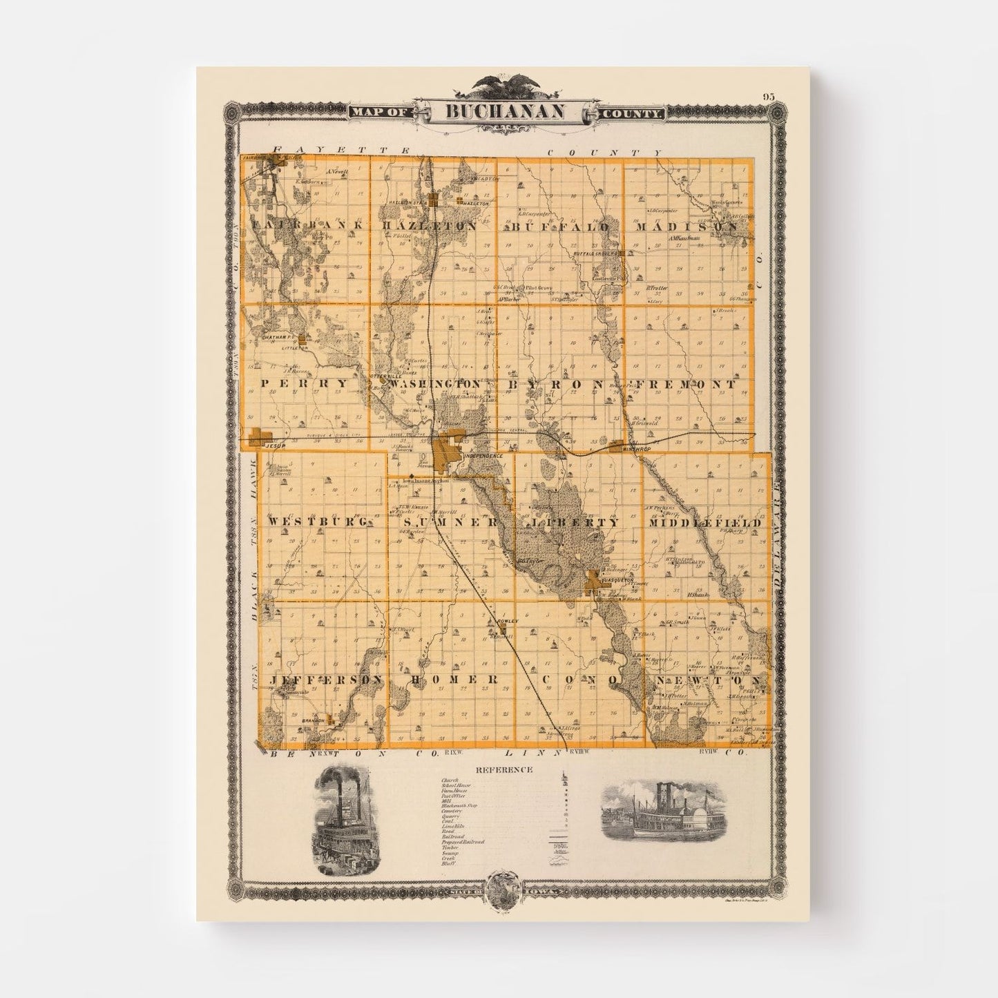Vintage Map of Buchanan County, Iowa 1875 Wall Art