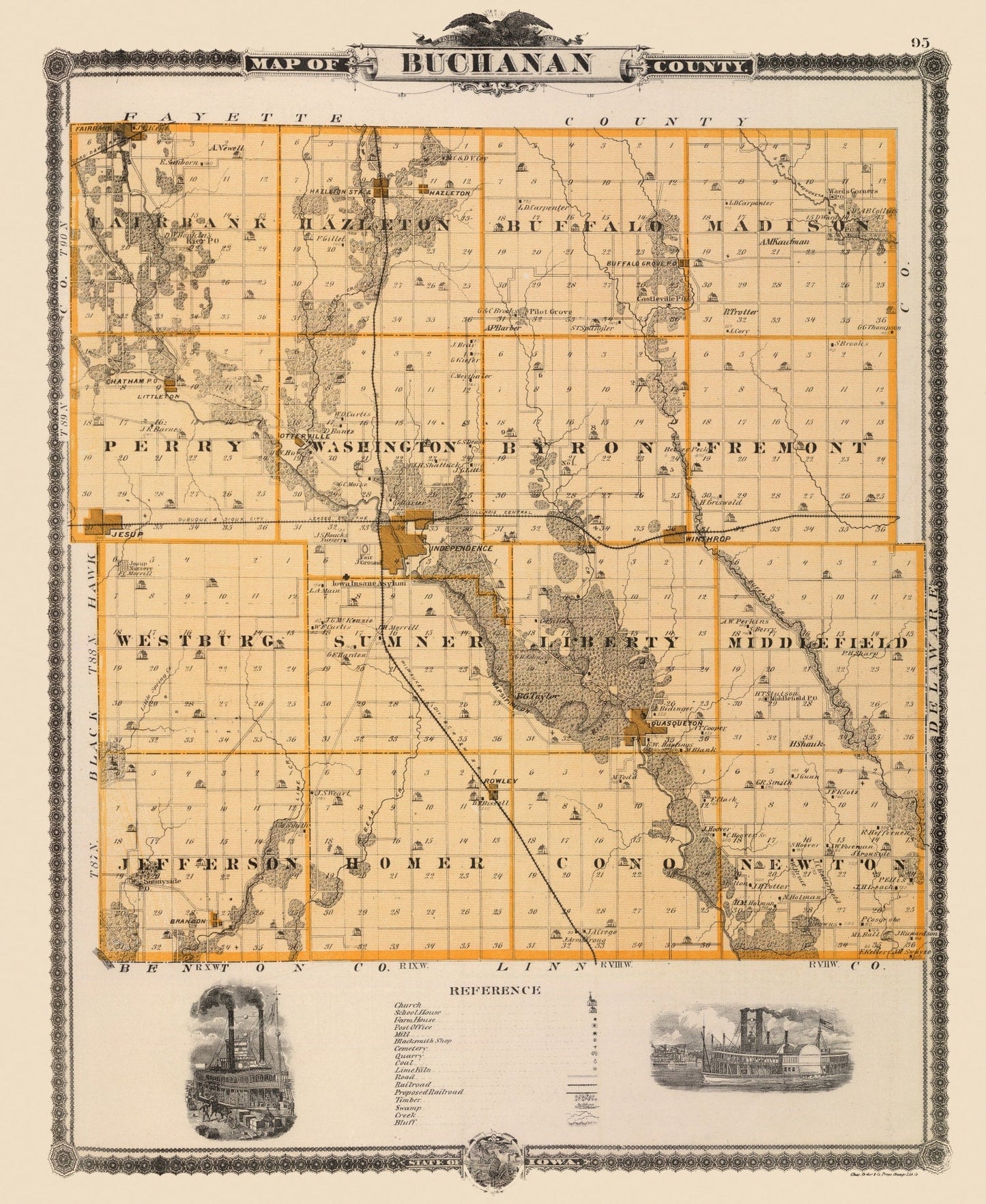 Vintage Map of Buchanan County, Iowa 1875 Wall Art