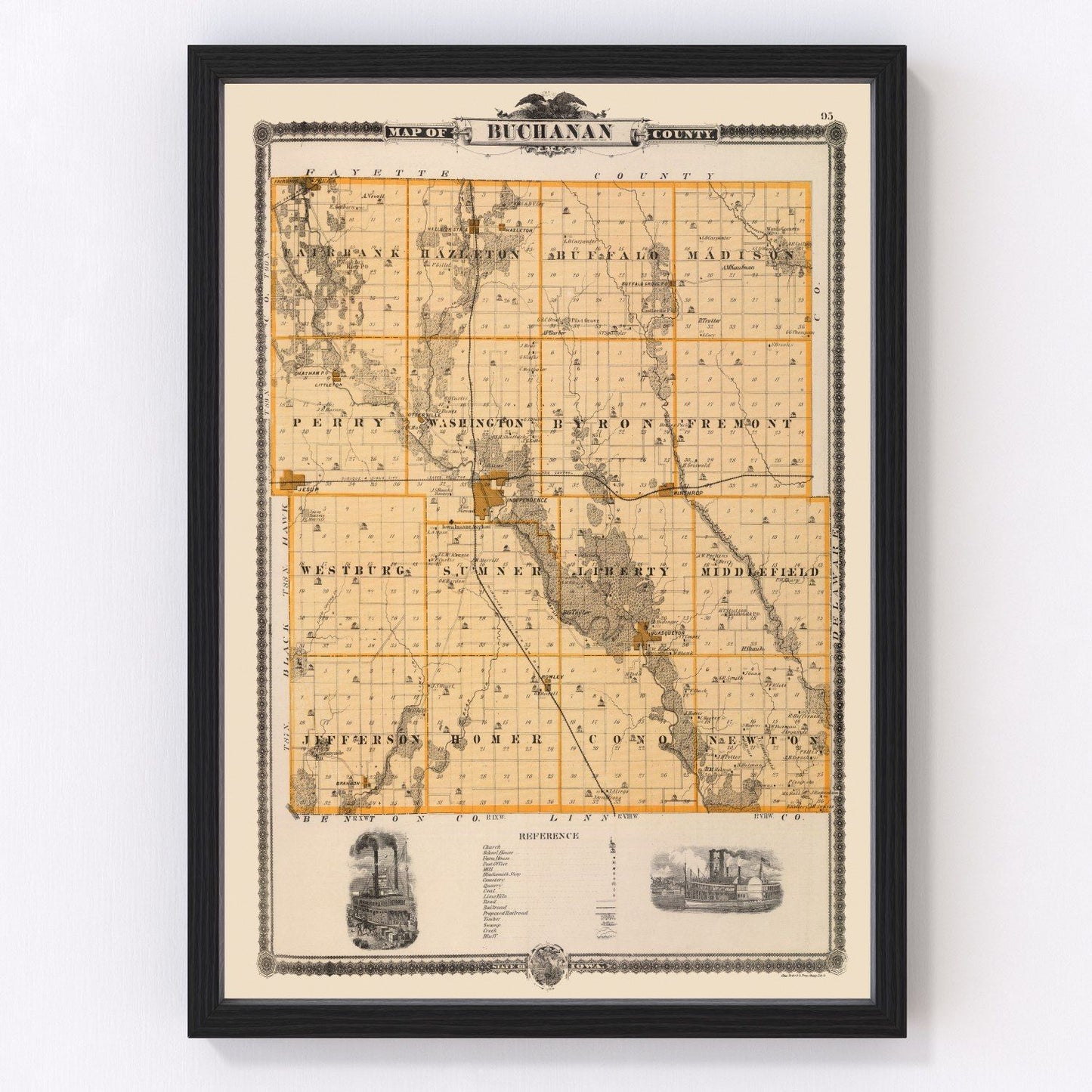 Vintage map of Buchanan County, Iowa, 1875 - digitally restored cartographic print