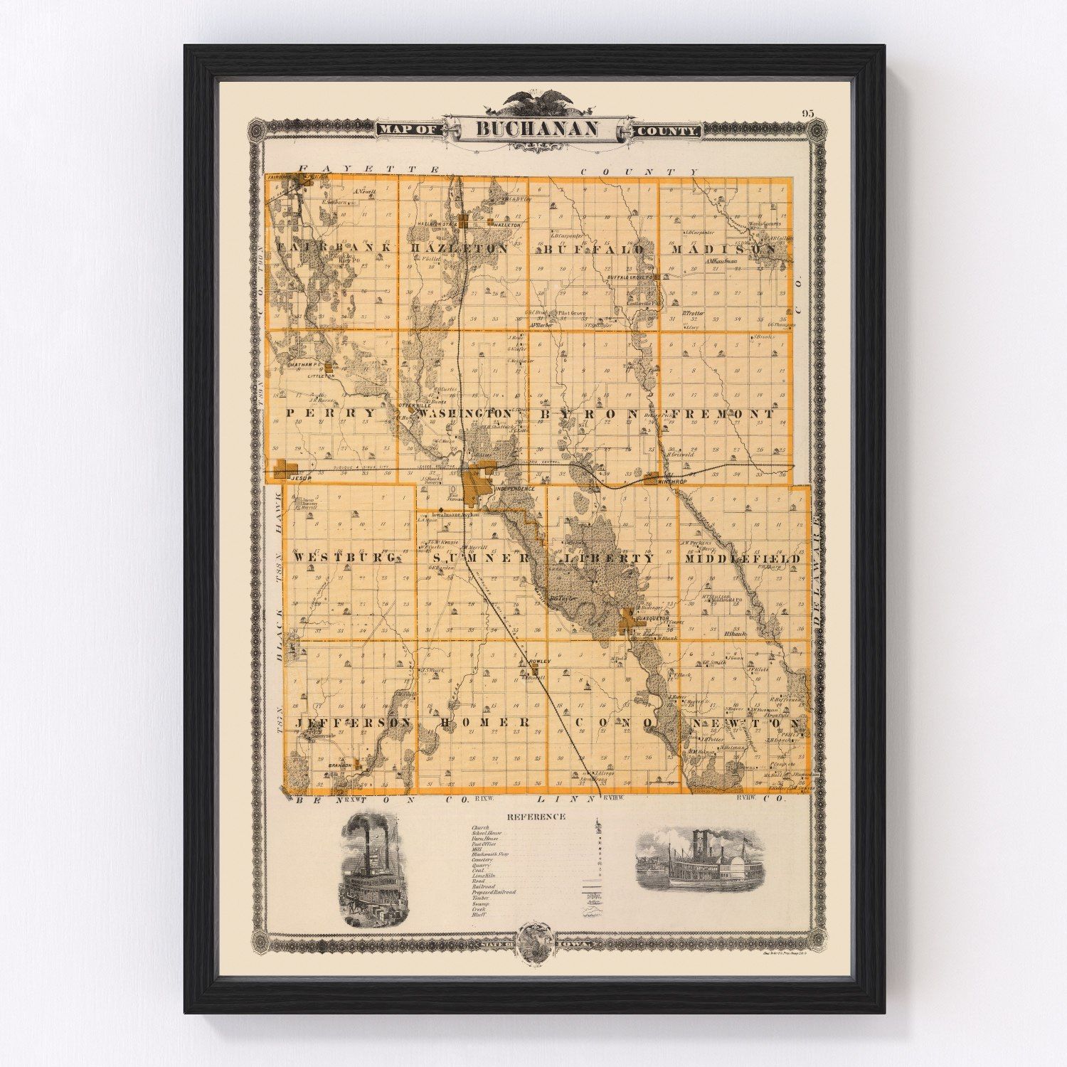 Vintage map of Buchanan County, Iowa, 1875 - digitally restored cartographic print