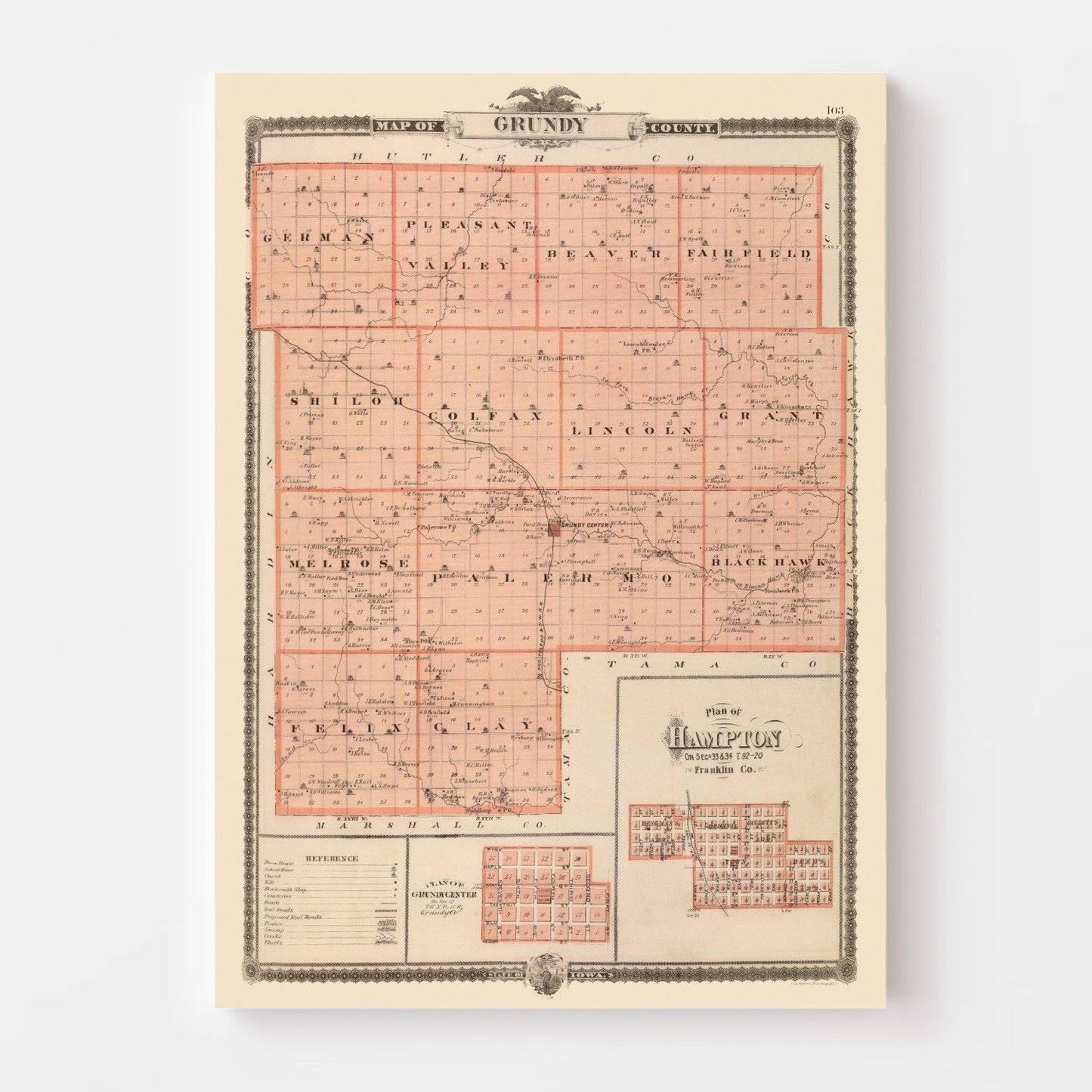 Vintage Map of Grundy County, Iowa, 1875