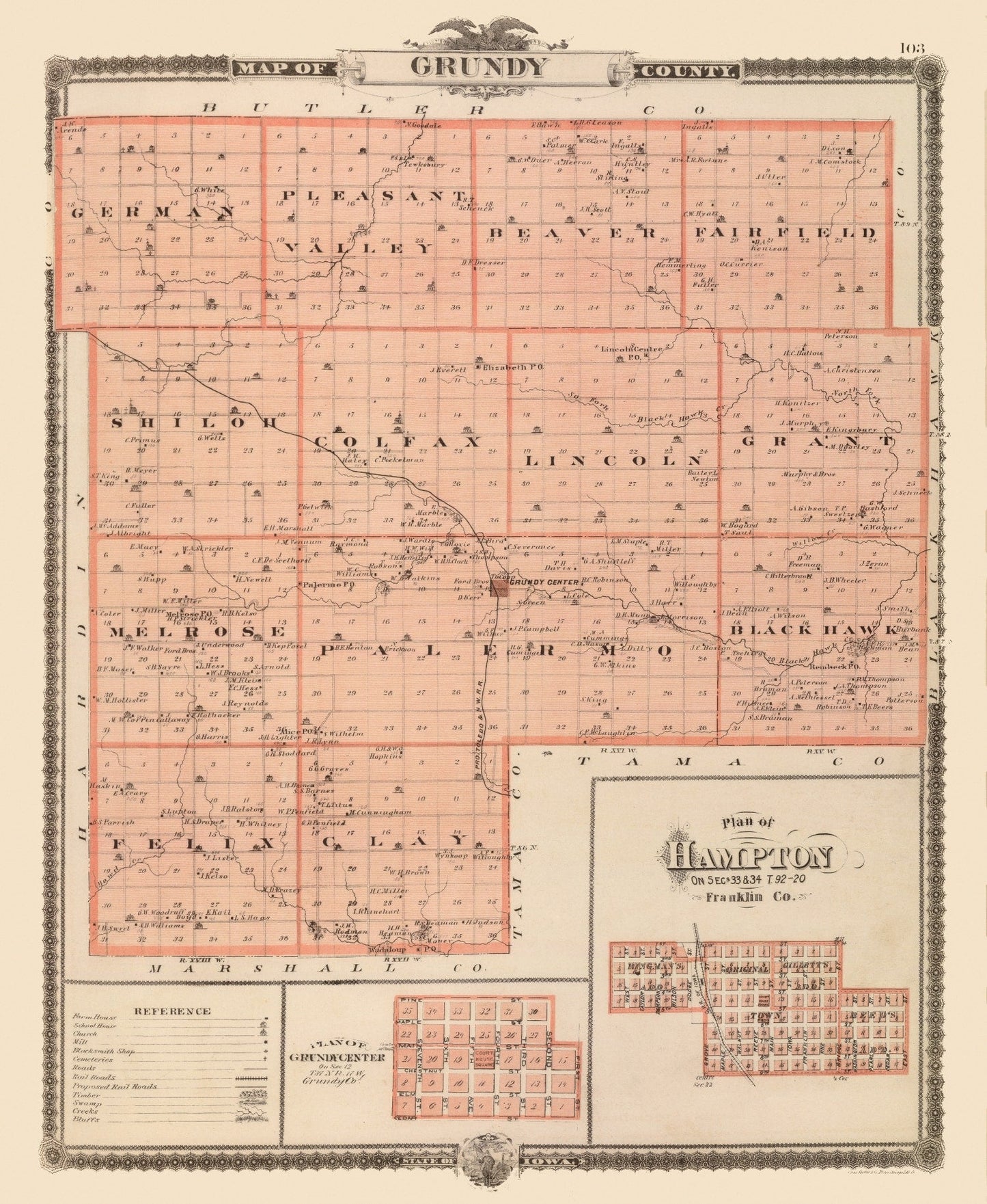 Vintage Map of Grundy County, Iowa, 1875
