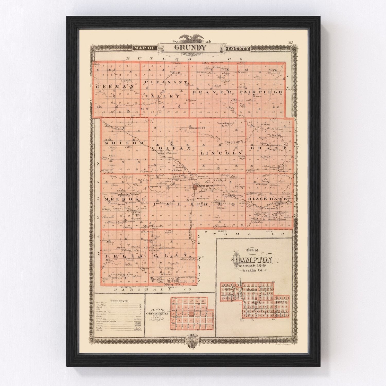 vintage map of Grundy County, Iowa, 1875