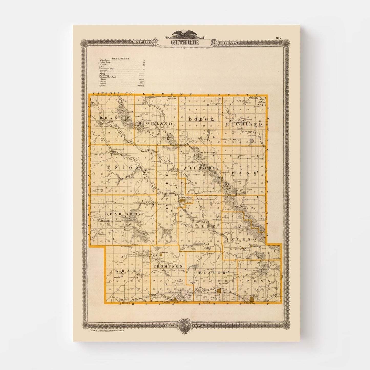 Vintage Map of Guthrie County, Iowa, 1875