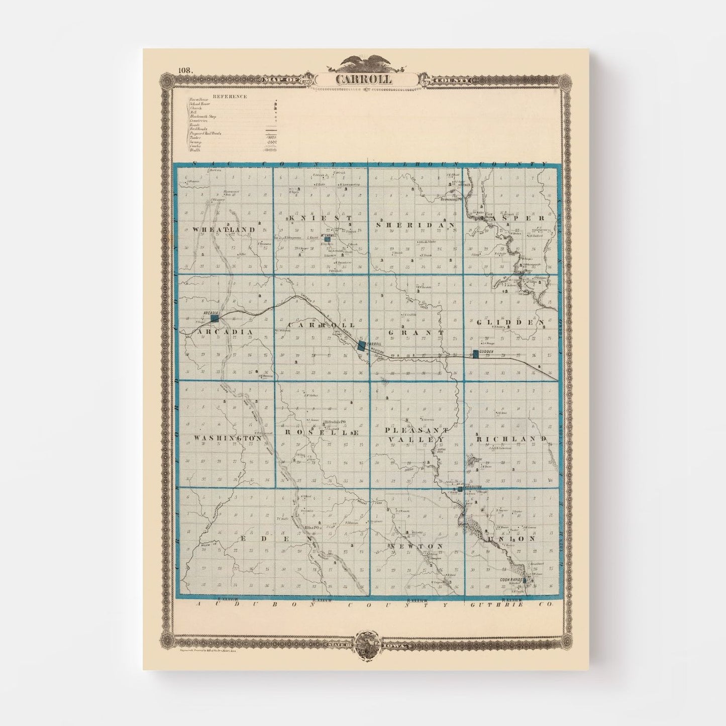 Vintage Map of Carroll County, Iowa, 1875