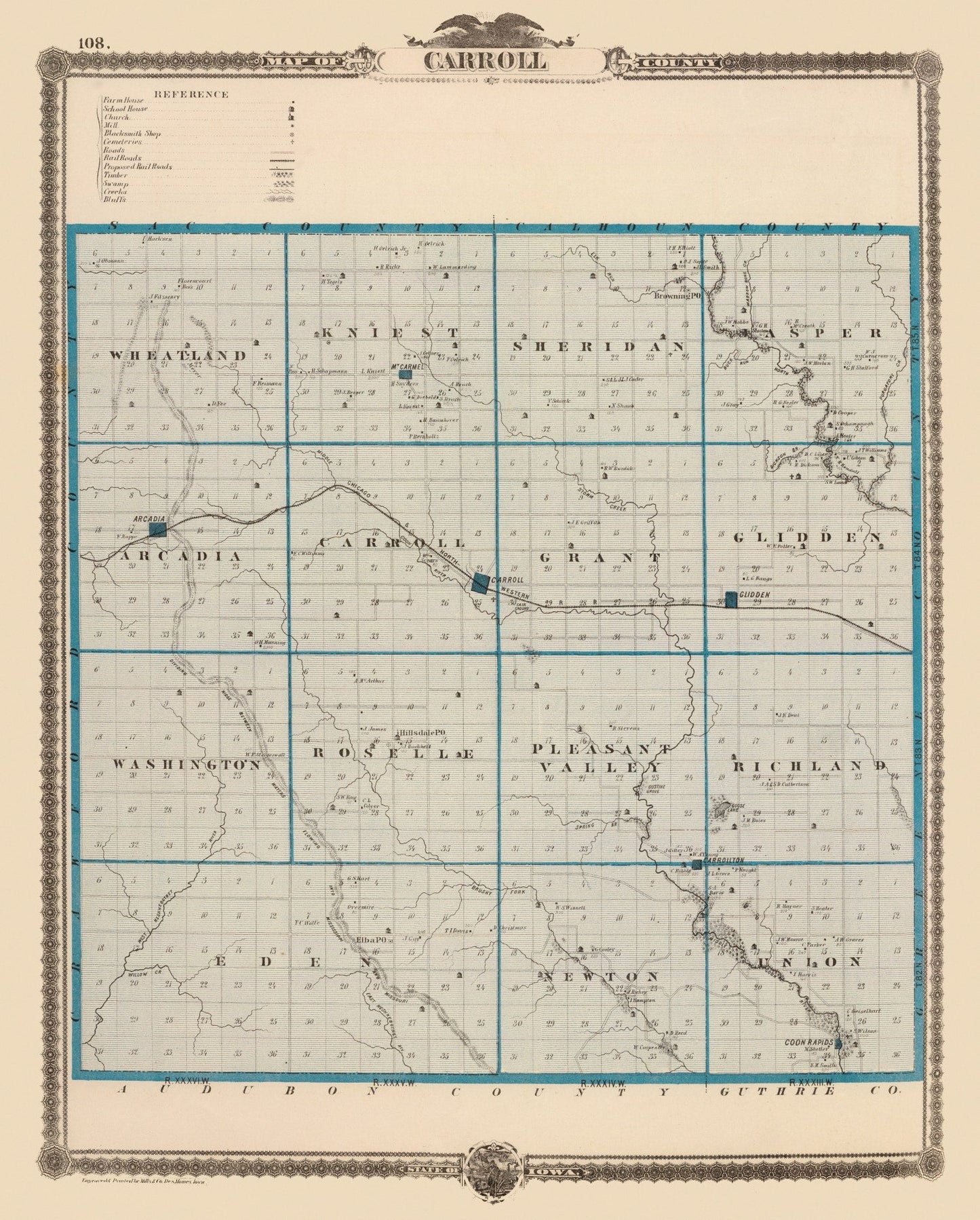 Vintage Map of Carroll County, Iowa, 1875