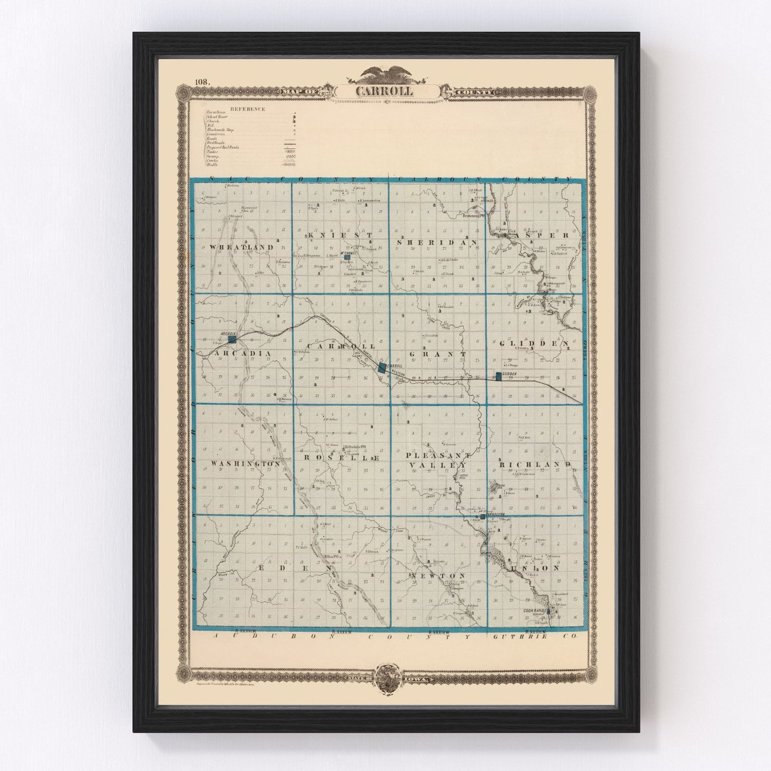 Vintage map of Carroll County, Iowa, 1875, restored vintage wall art print