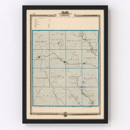 Vintage map of Carroll County, Iowa, 1875, restored vintage wall art print