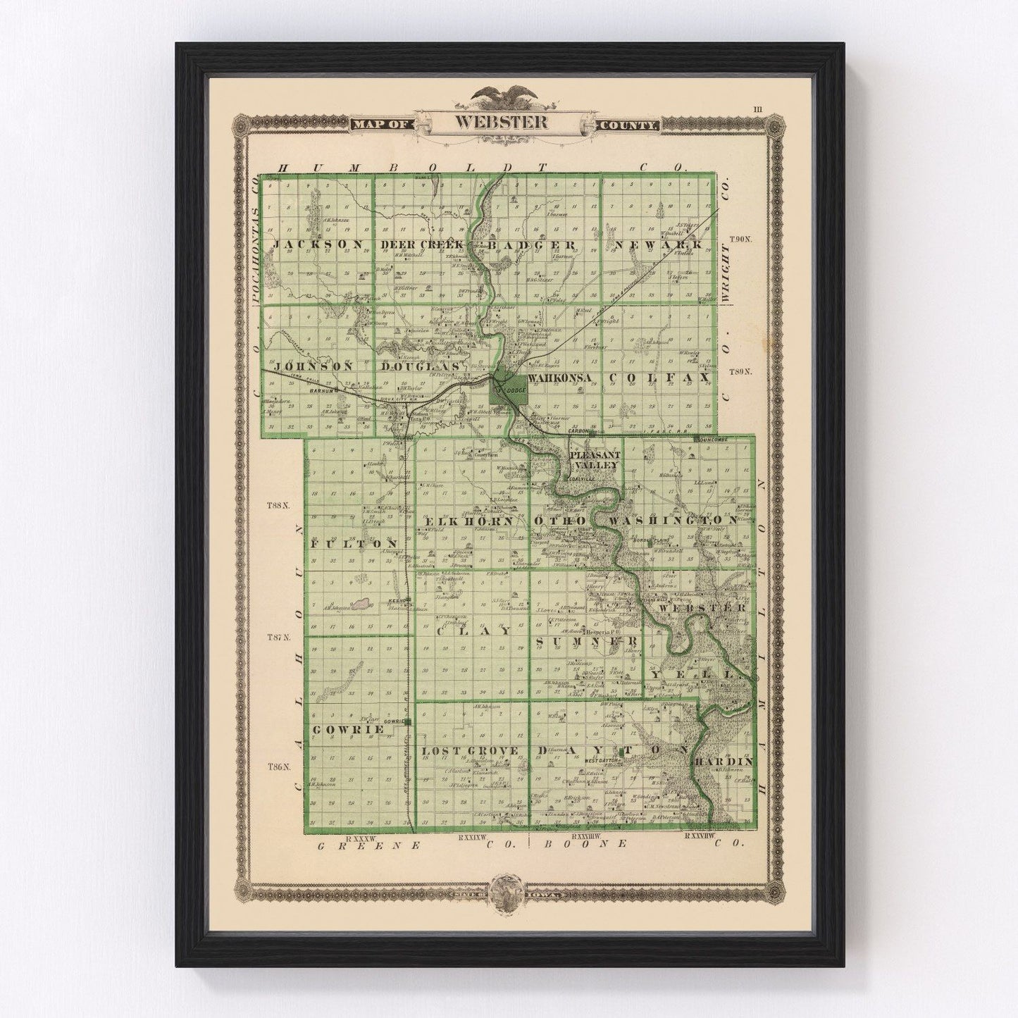 Vintage map of Webster County, Iowa 1875, Fort Dodge and Gowrie area