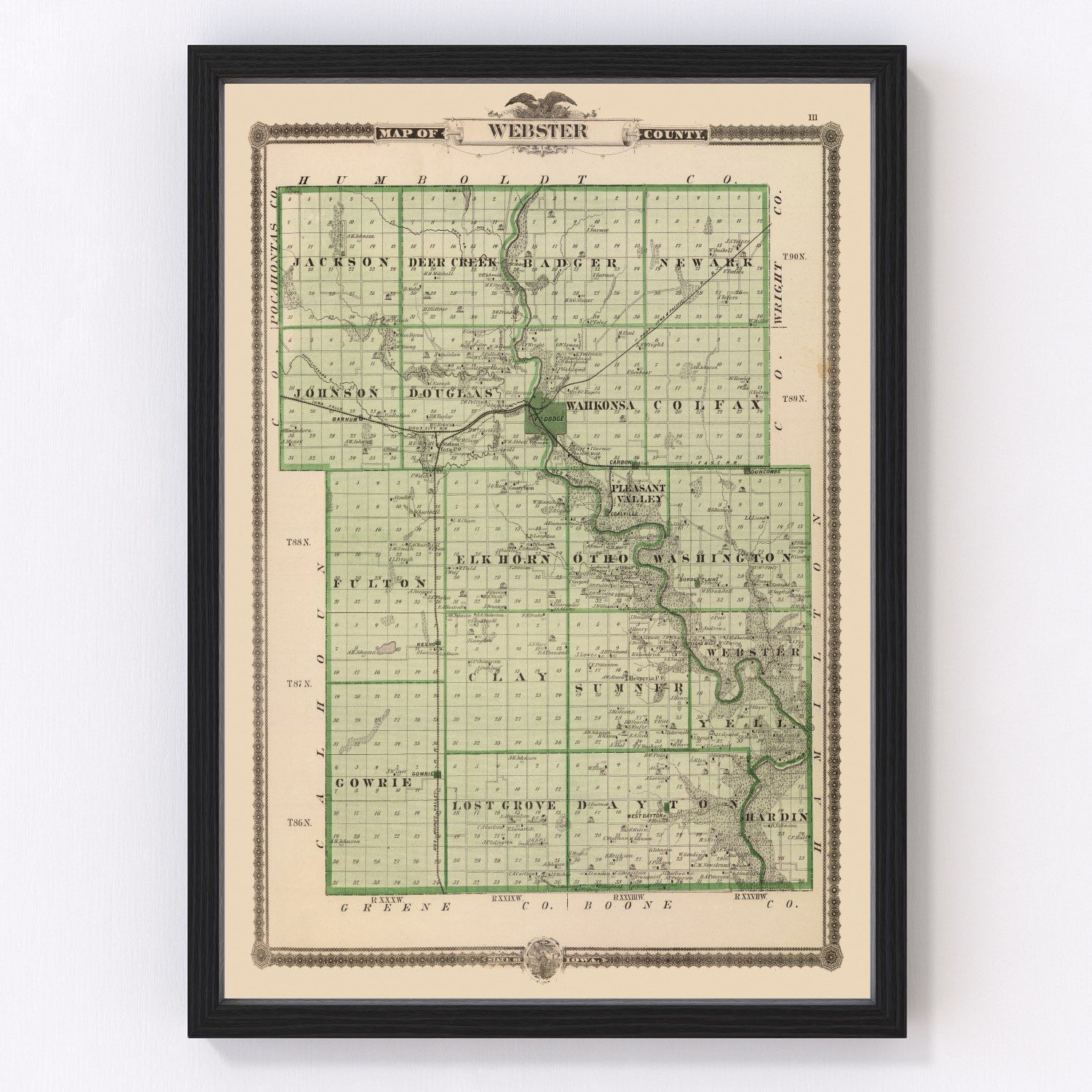 Vintage map of Webster County, Iowa 1875, Fort Dodge and Gowrie area
